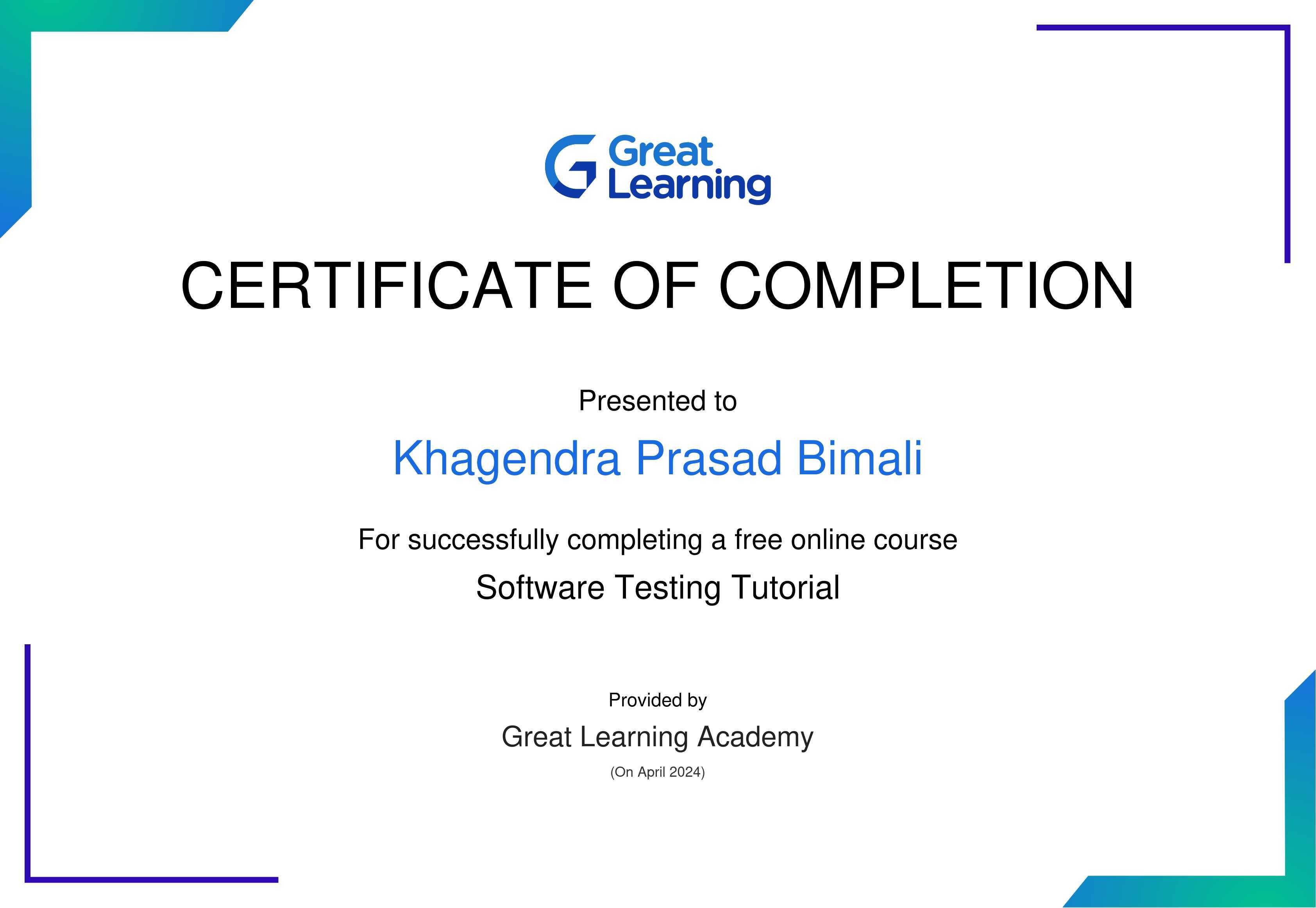 Software Testing Tutorial Certificate